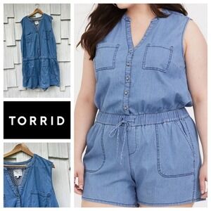 Torrid‎ First At Fit Chambray Romper V-Neck Button Front Ruched Waist Blue 4X